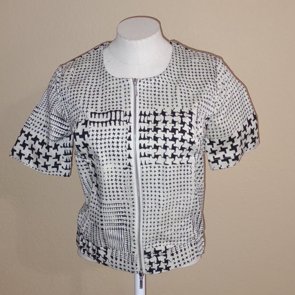 NWT CAbi Moro Black/Cream Double Zipper Bomber Jacket Size XS